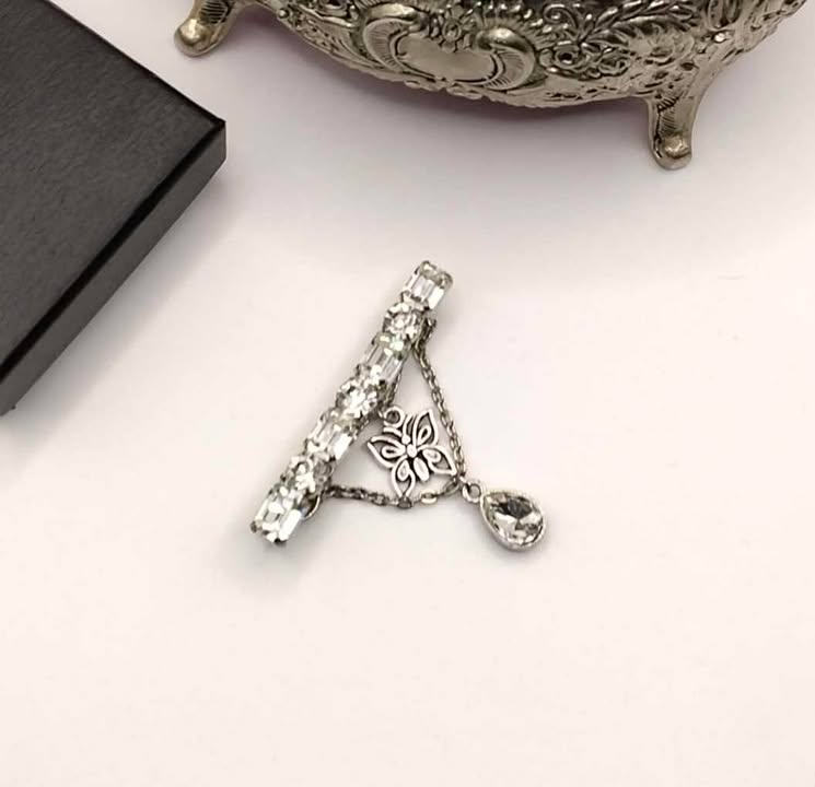 Art Deco Butterfly Brooch - Silver-Plated with Crystal Accents