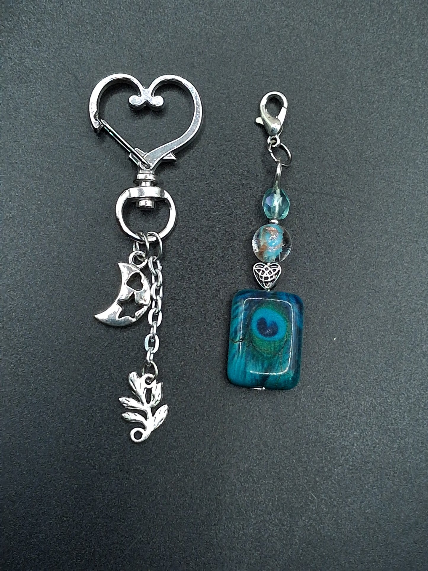 Celestial Peacock Keyring - Moon & Leaf Charm