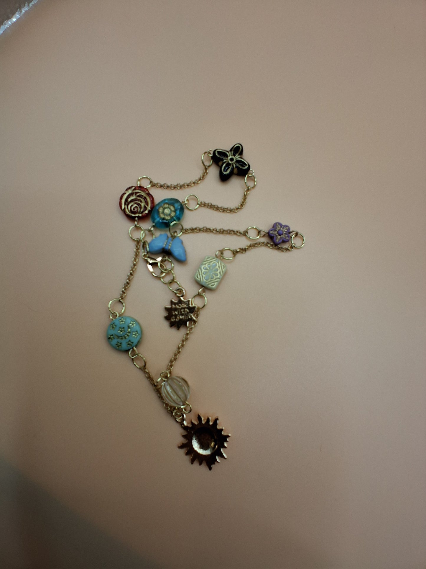 Vintage Baroque Charm Necklace - Celestial Sun & Floral Resin Beads