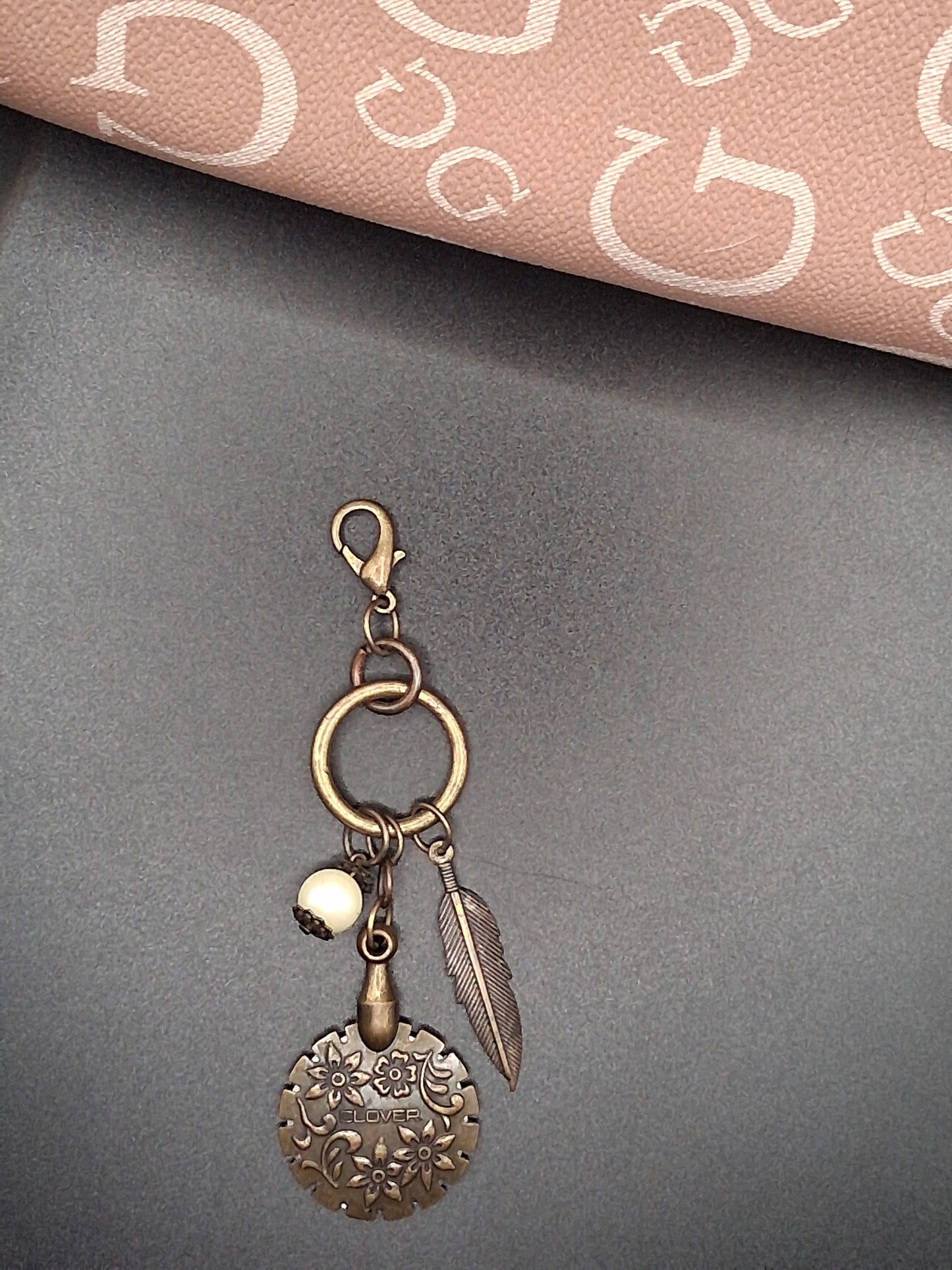 Celestial Japan Clover Keychain with Feather & Pearl Charms