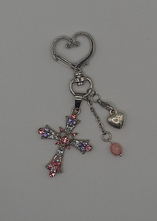 Gemstone Cross Keychain with Heart charm