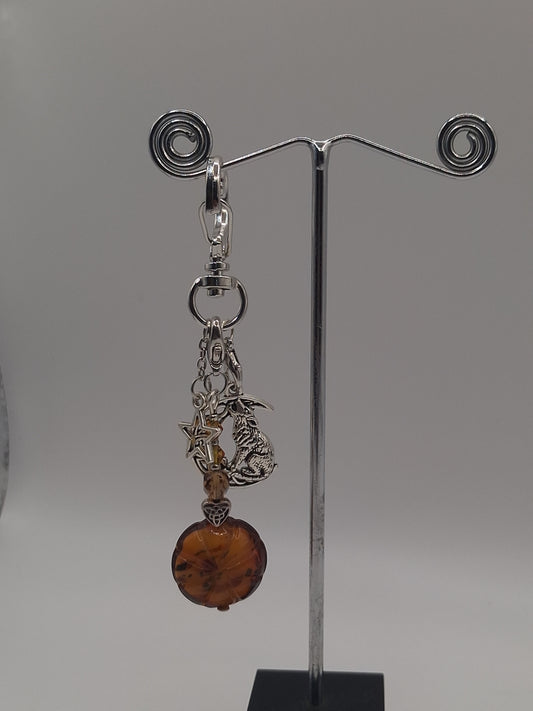 Mystical Wolf and star/moon and star charm Keyring with Glass Amber Bead pendant/charm