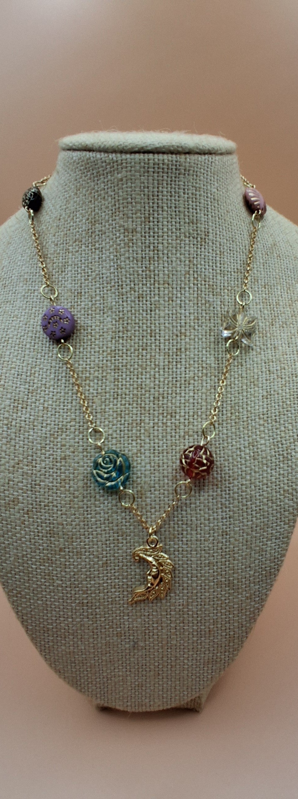 Vintage Baroque Pendant Necklace- celestial crescent moon and celestial Moon with star charm