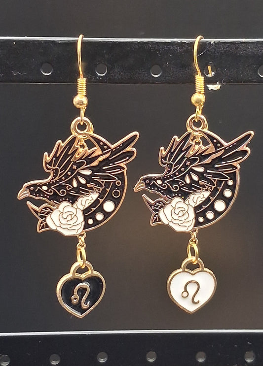 Celestial Raven Earrings with Leo Zodiac Charm