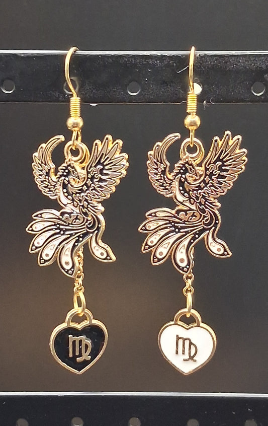 Virgo Phoenix Earrings - Gold Celestial Drop Earrings with Zodiac Heart Charm