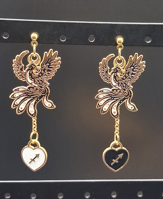 Celestial Phoenix Earrings with Zodiac Heart Charms