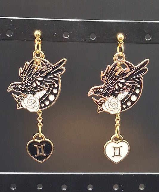 Gemini Celestial Raven Earrings - Zodiac Stud Drop Earrings with Heart Charm