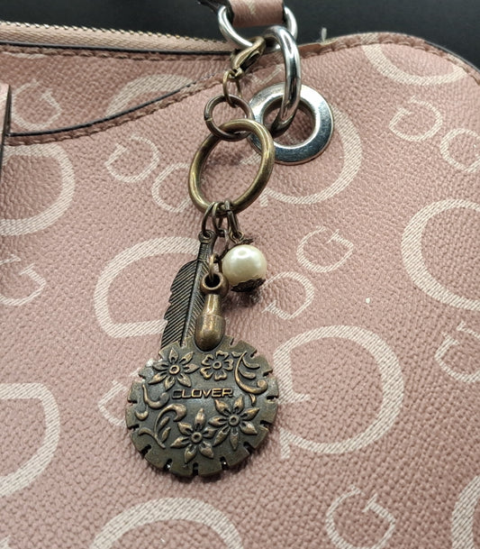 Celestial Japan Clover Keychain with Feather & Pearl Charms