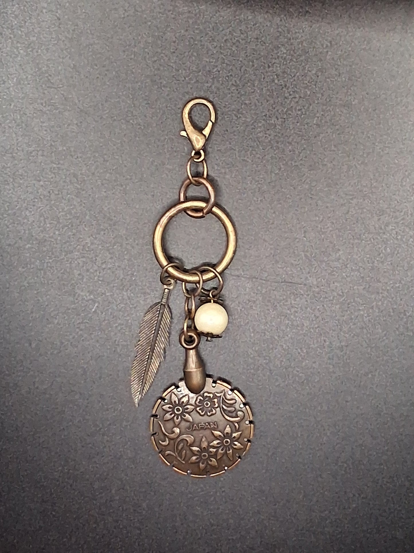 Celestial Japan Clover Keychain with Feather & Pearl Charms