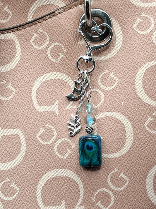 Celestial Peacock Keyring - Moon & Leaf Charm