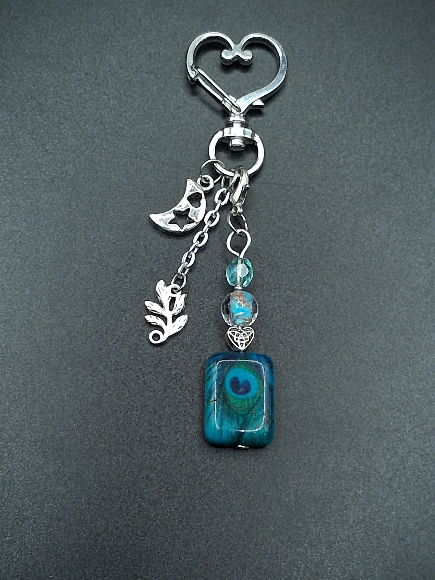 Celestial Peacock Keyring - Moon & Leaf Charm