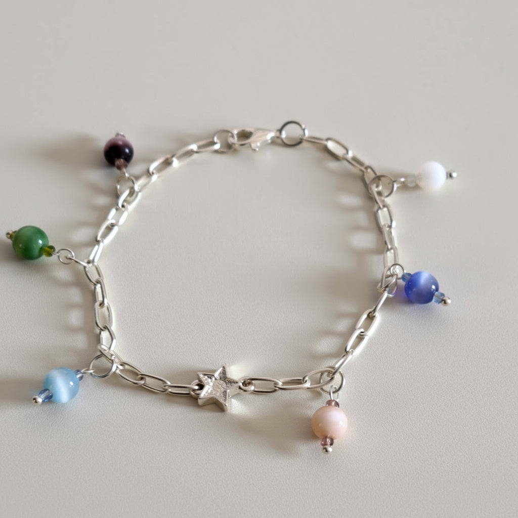Silver bracelet with cats eye glass colorful beads