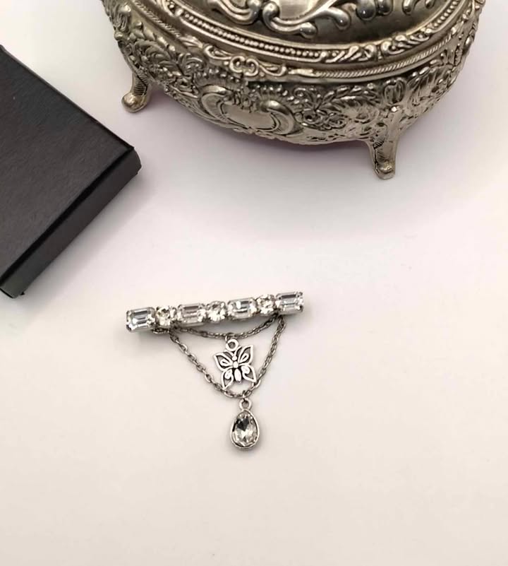 Art Deco Butterfly Brooch - Silver-Plated with Crystal Accents