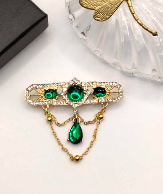 Vintage Art Deco Brooch - Gold-Plated with Emerald Green Crystals