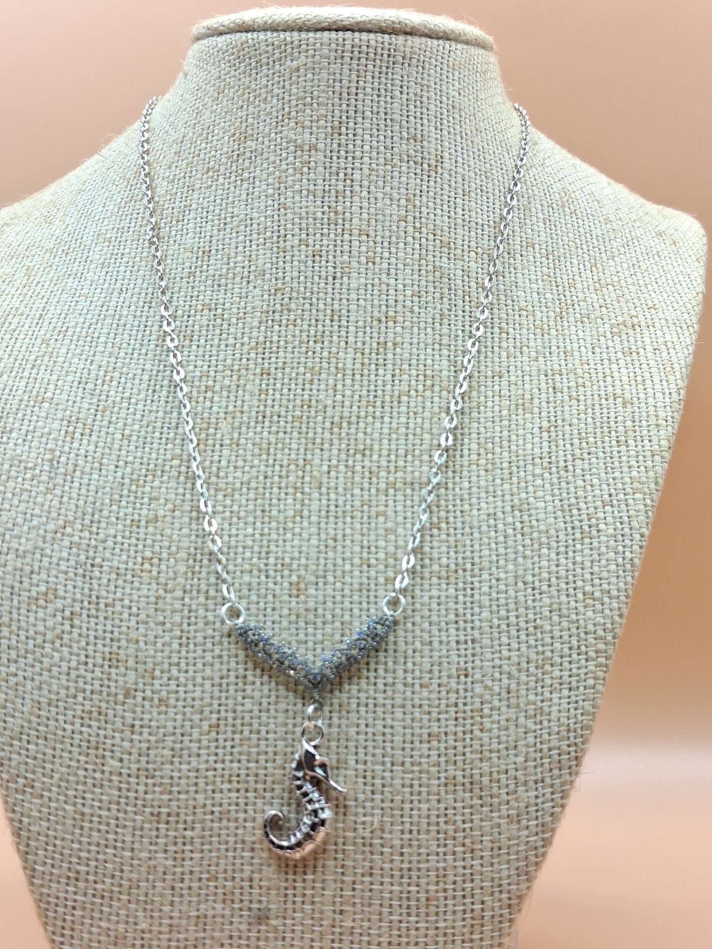 Seahorse & Rhinestone Necklace with Clam Drop