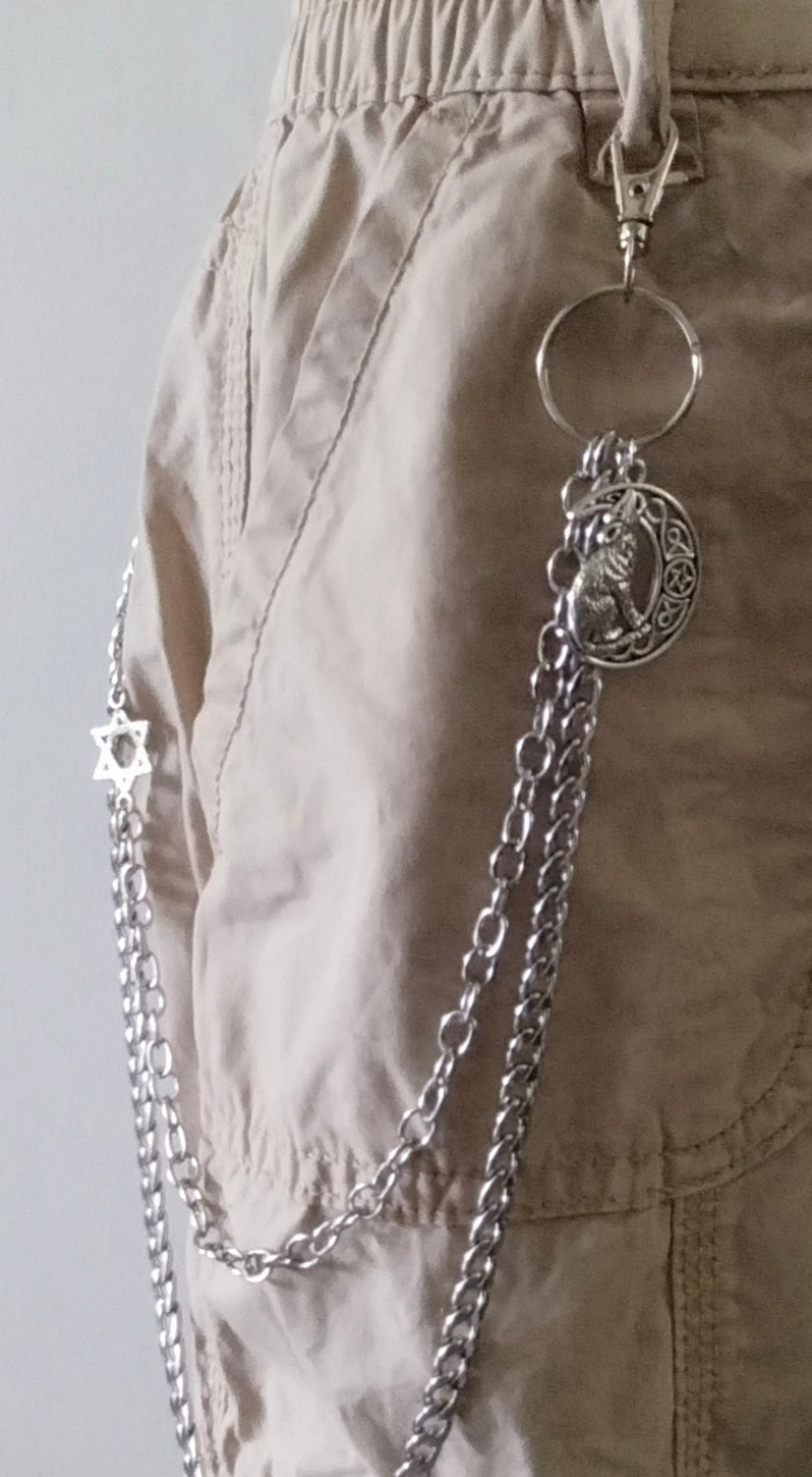 Celtic Wolf Moon Pocket Chain with Star of David - Stainless Steel