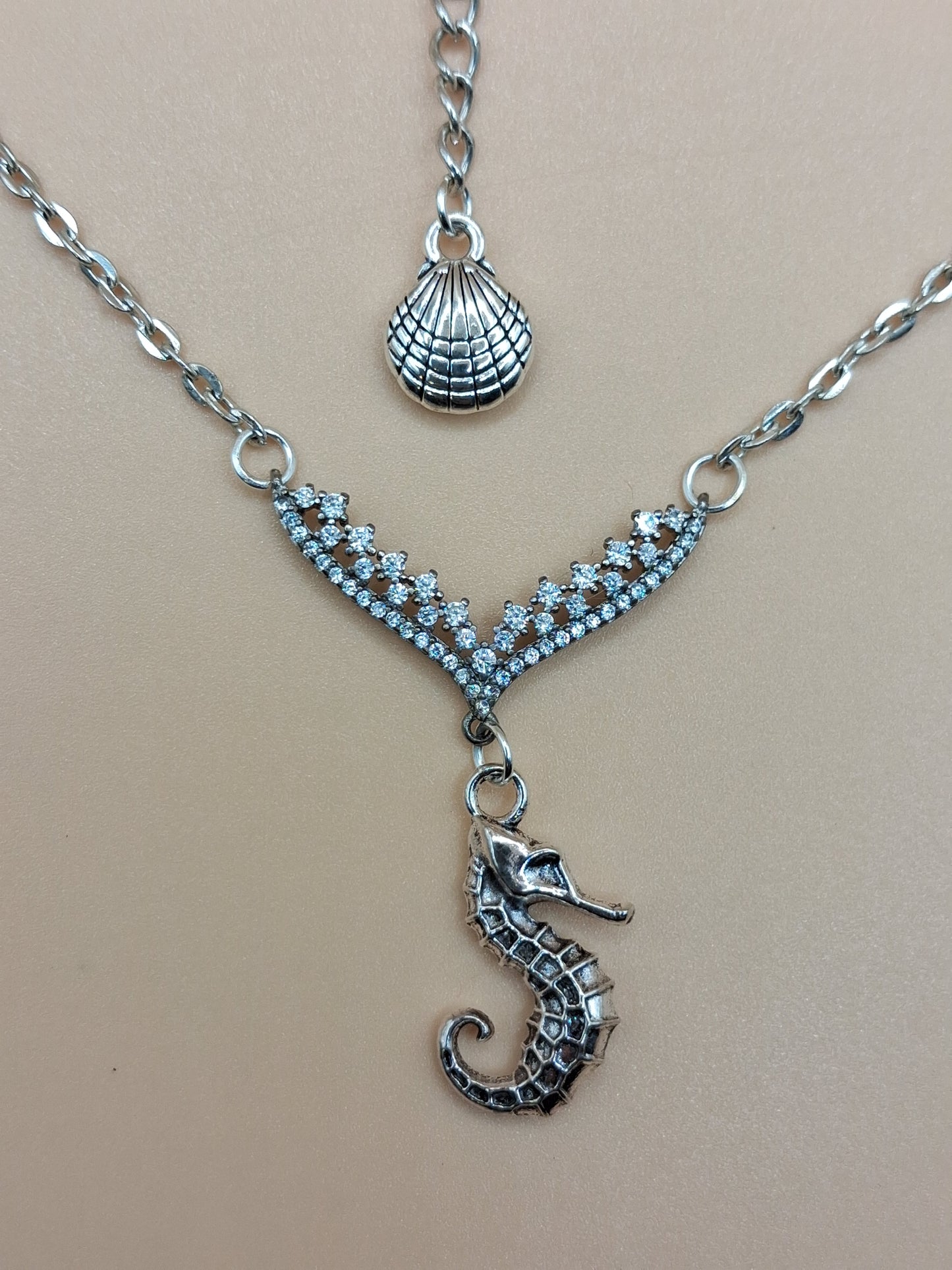Seahorse & Rhinestone Necklace with Clam Drop