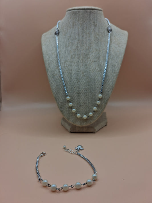 Pearl & Turtle Charm Jewelry Set - Silver-Tone Necklace & Bracelet