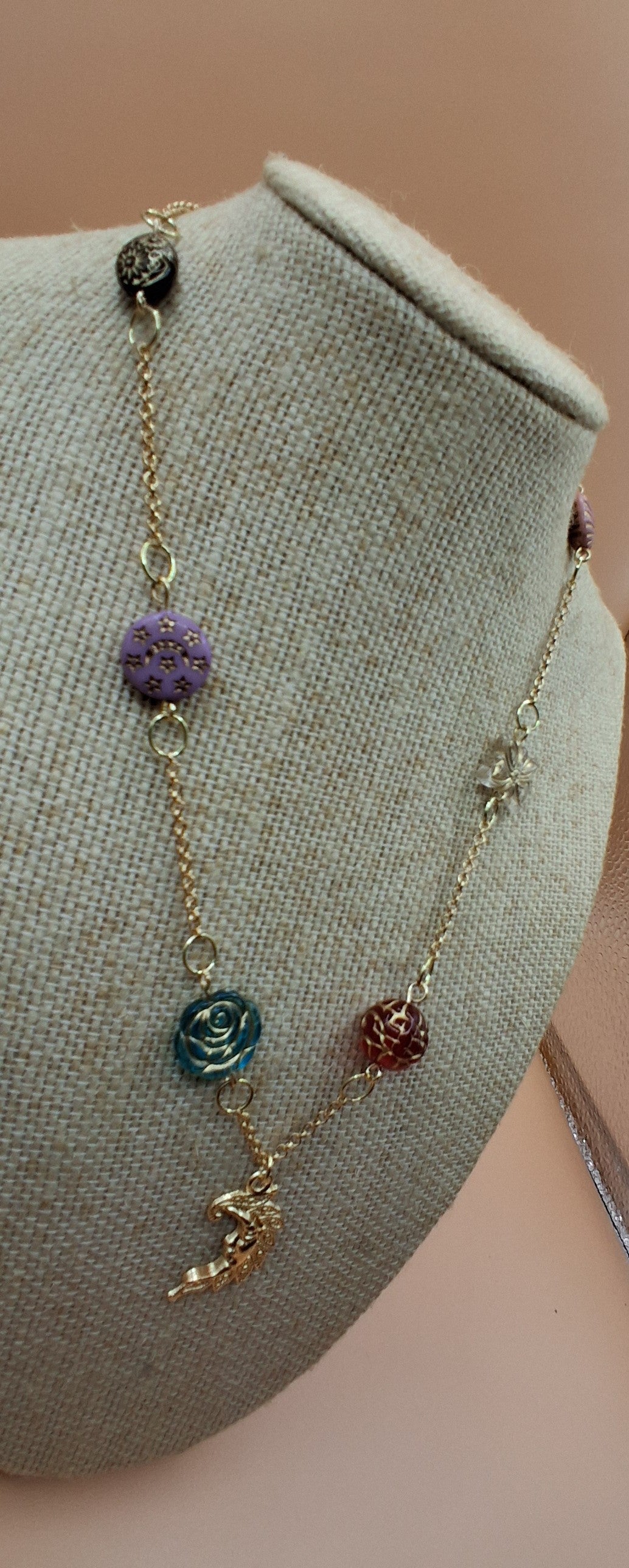 Vintage Baroque Pendant Necklace- celestial crescent moon and celestial Moon with star charm