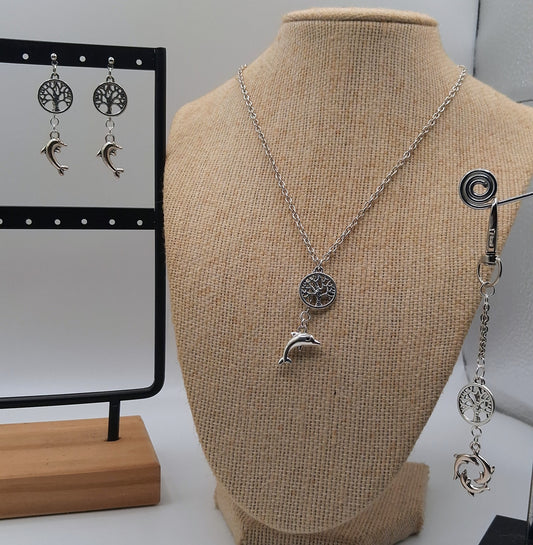 Tree of Life Dolphin Jewelry Set - Necklace, Earrings & Keychain
