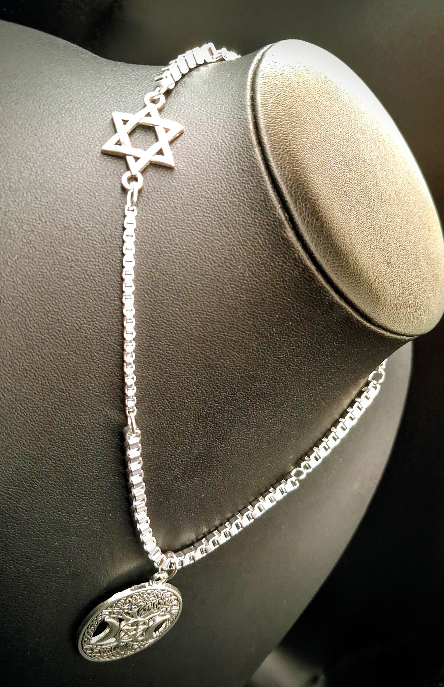 Celestial Moon Phase Necklace with Star of David charm links