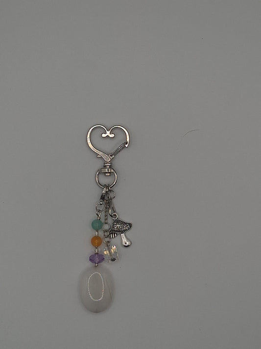 Heart Clasp Keychain with Mushroom & Crystal Charms