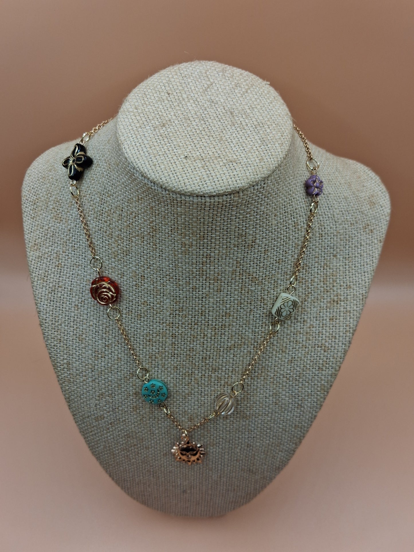 Vintage Baroque Charm Necklace - Celestial Sun & Floral Resin Beads