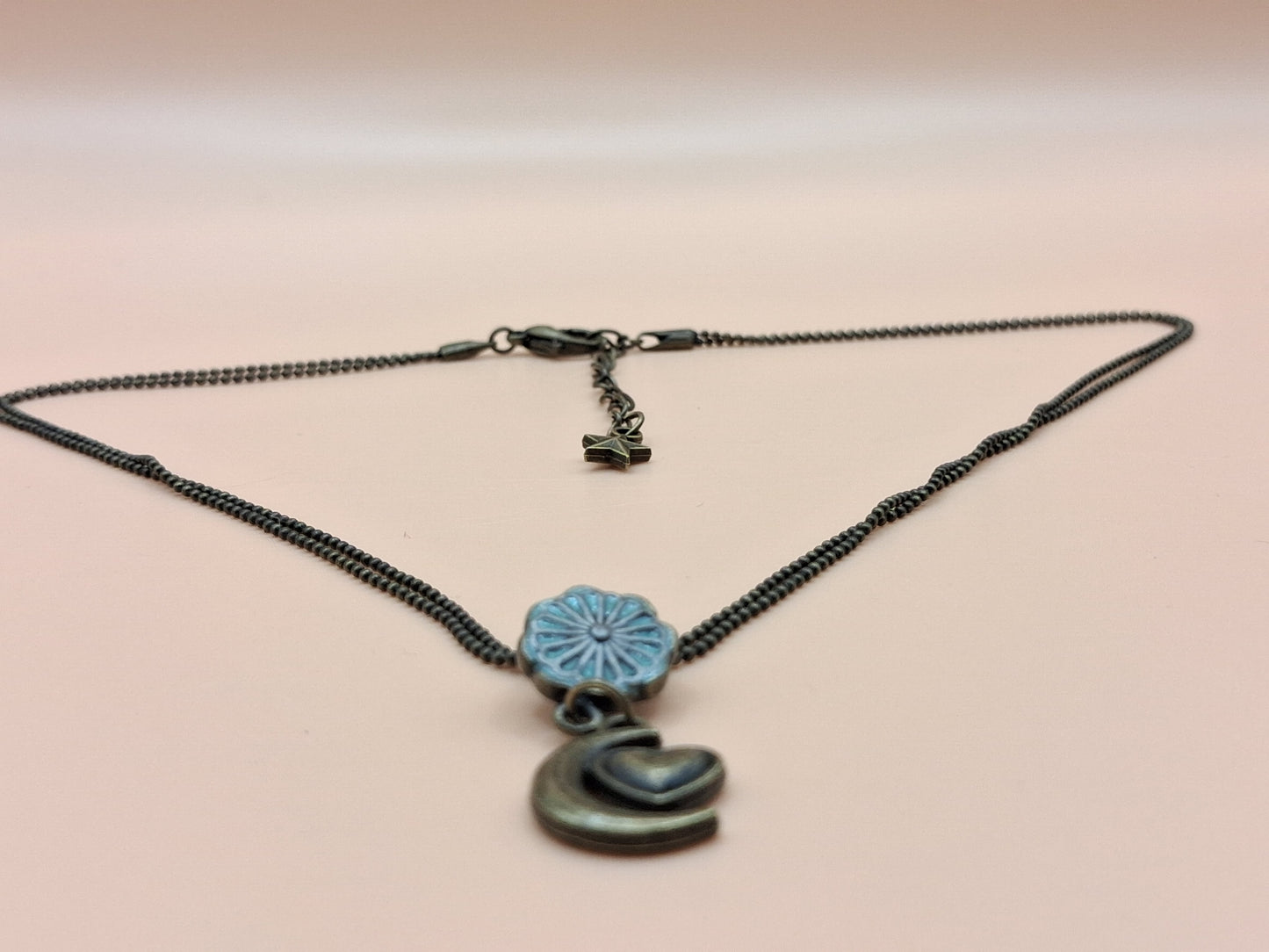 Celestial Moon & heart Necklace - Turquoise colour Flower Charm