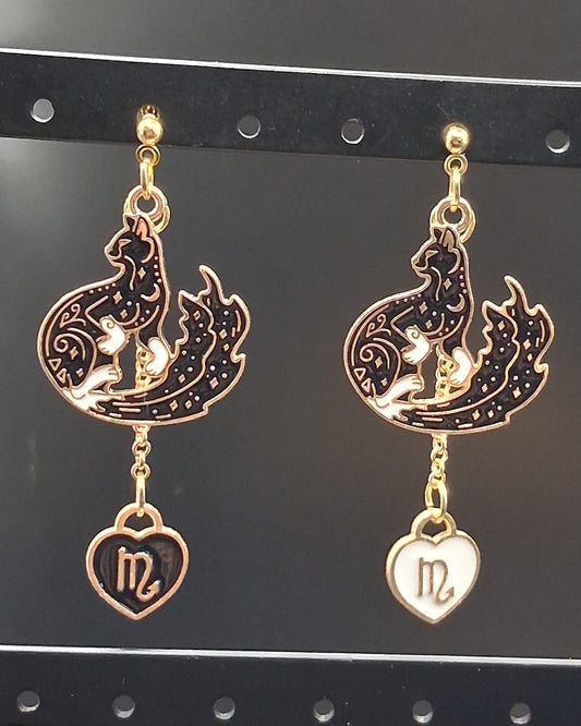 Celestial Cat & Zodiac Heart Earrings - Scorpio
