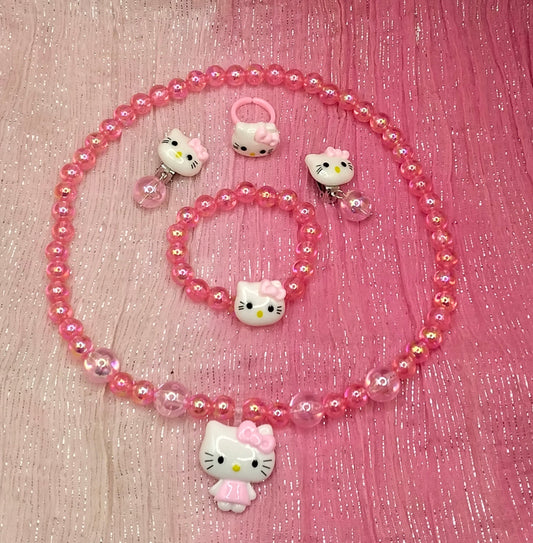 Hello Kitty Pink Pearl Jewellery Set - Necklace, Bracelet, Ring & Earrings