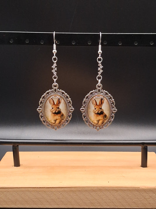Whimsical Bunny Cameo Earrings - Vintage-Inspired Silver Drop Earrings