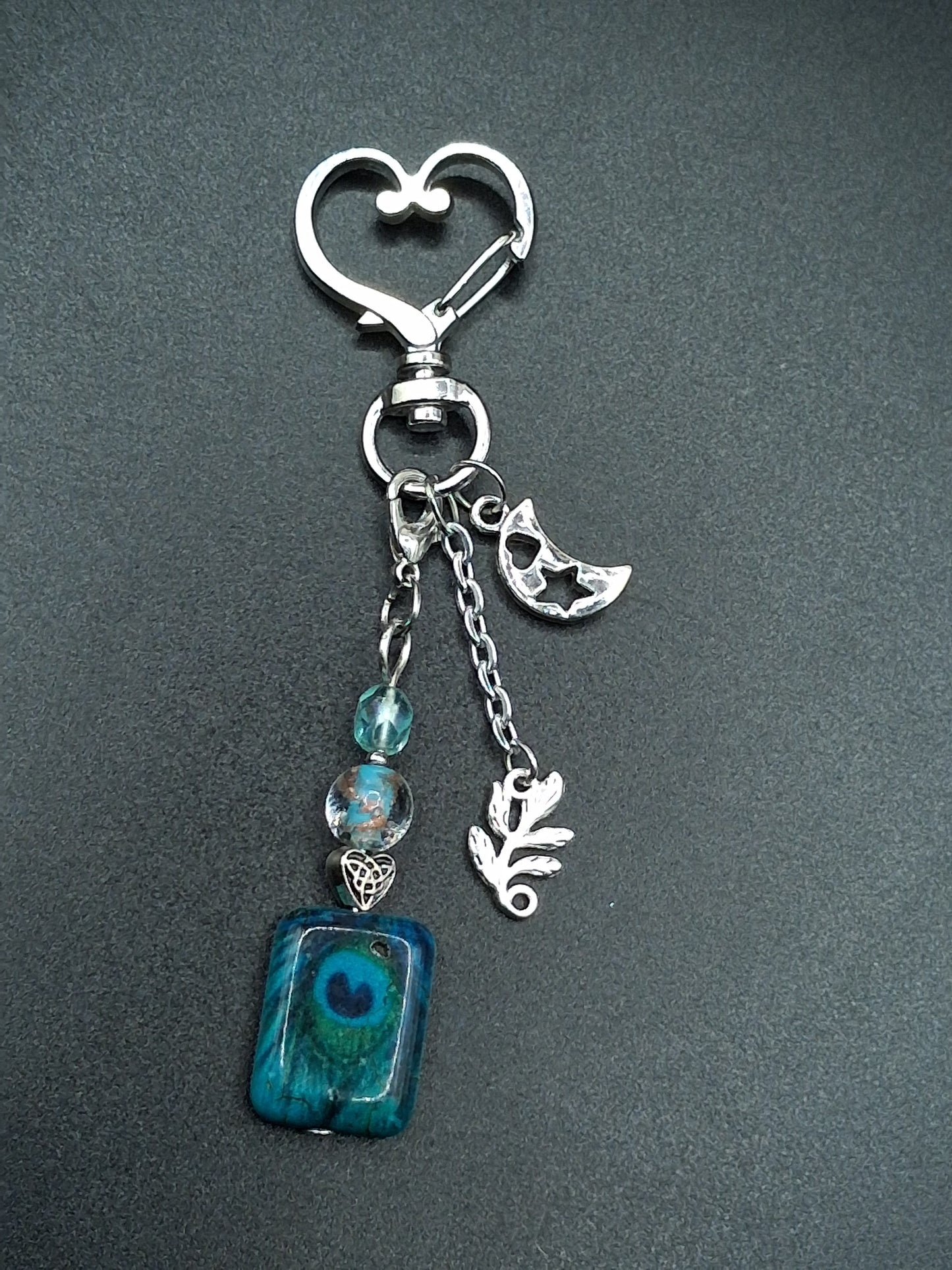Celestial Peacock Keyring - Moon & Leaf Charm