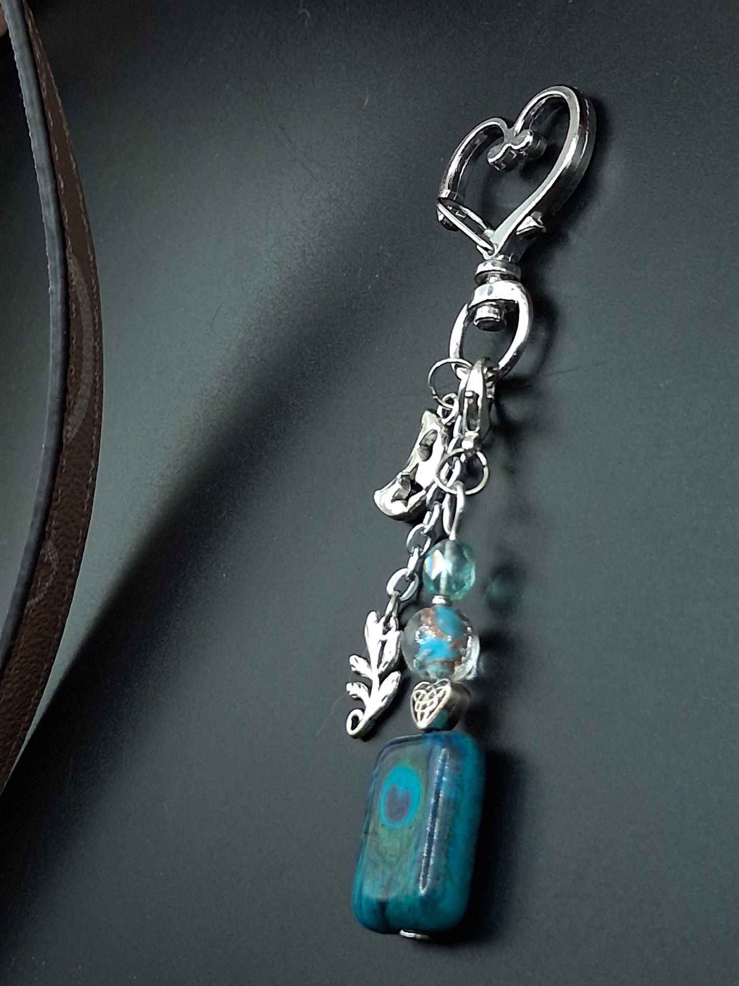 Celestial Peacock Keyring - Moon & Leaf Charm
