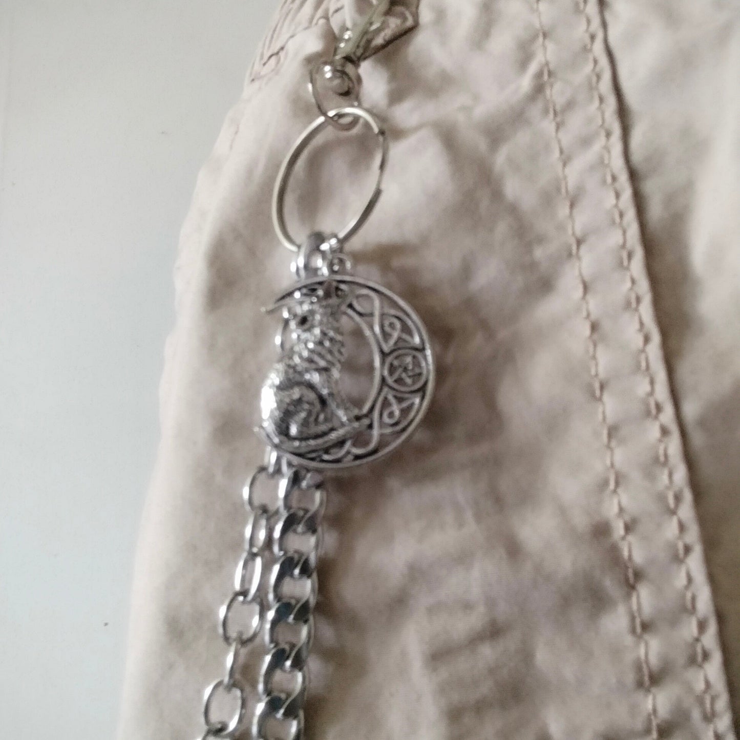 Celtic Wolf Moon Pocket Chain with Star of David - Stainless Steel