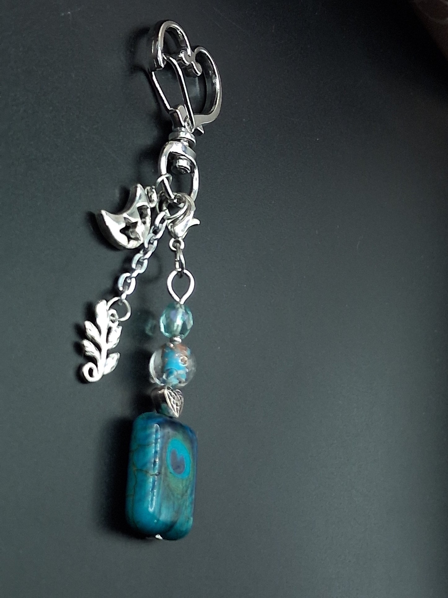 Celestial Peacock Keyring - Moon & Leaf Charm
