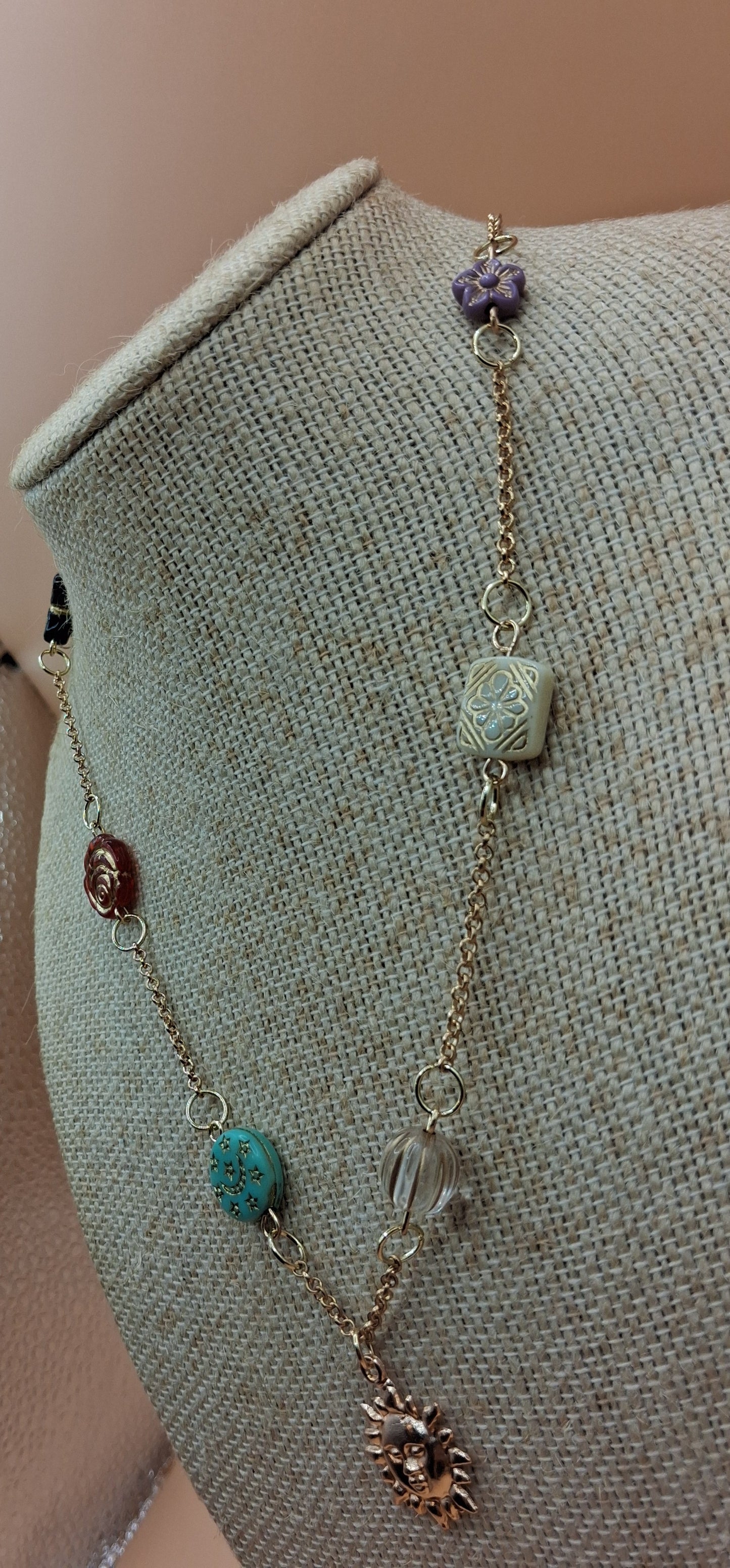 Vintage Baroque Charm Necklace - Celestial Sun & Floral Resin Beads