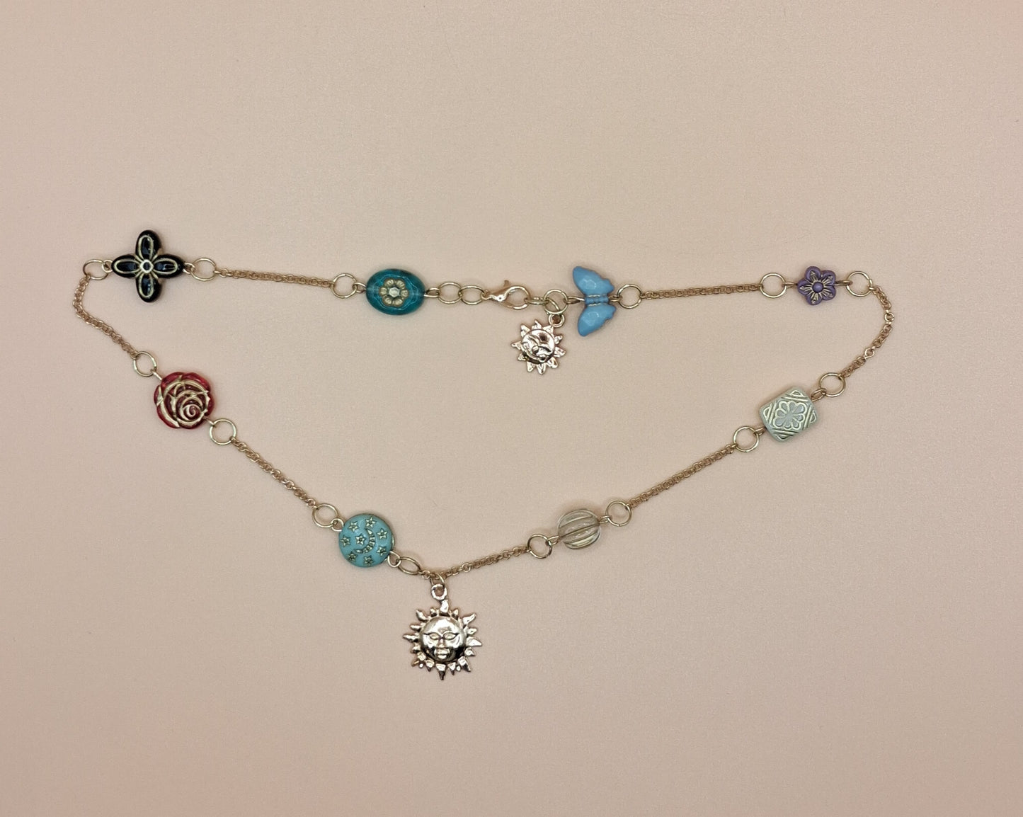 Vintage Baroque Charm Necklace - Celestial Sun & Floral Resin Beads