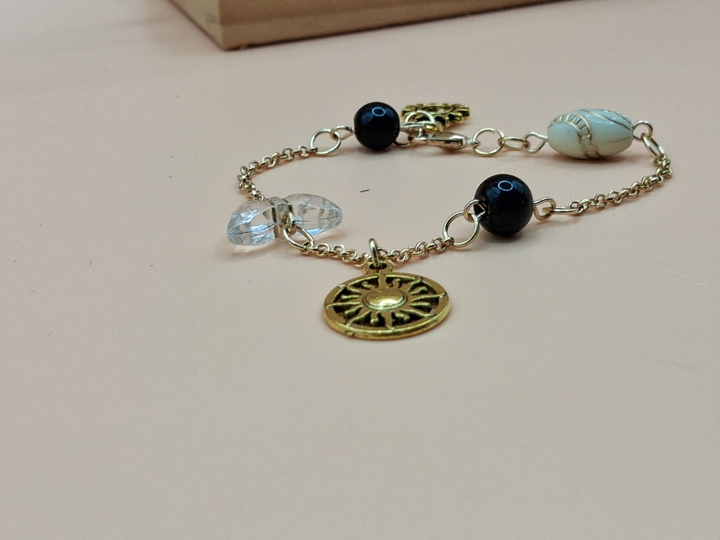 Celestial Sun Charm Bracelet - Vintage Inspired with Black beads & Baroque Resin Beads