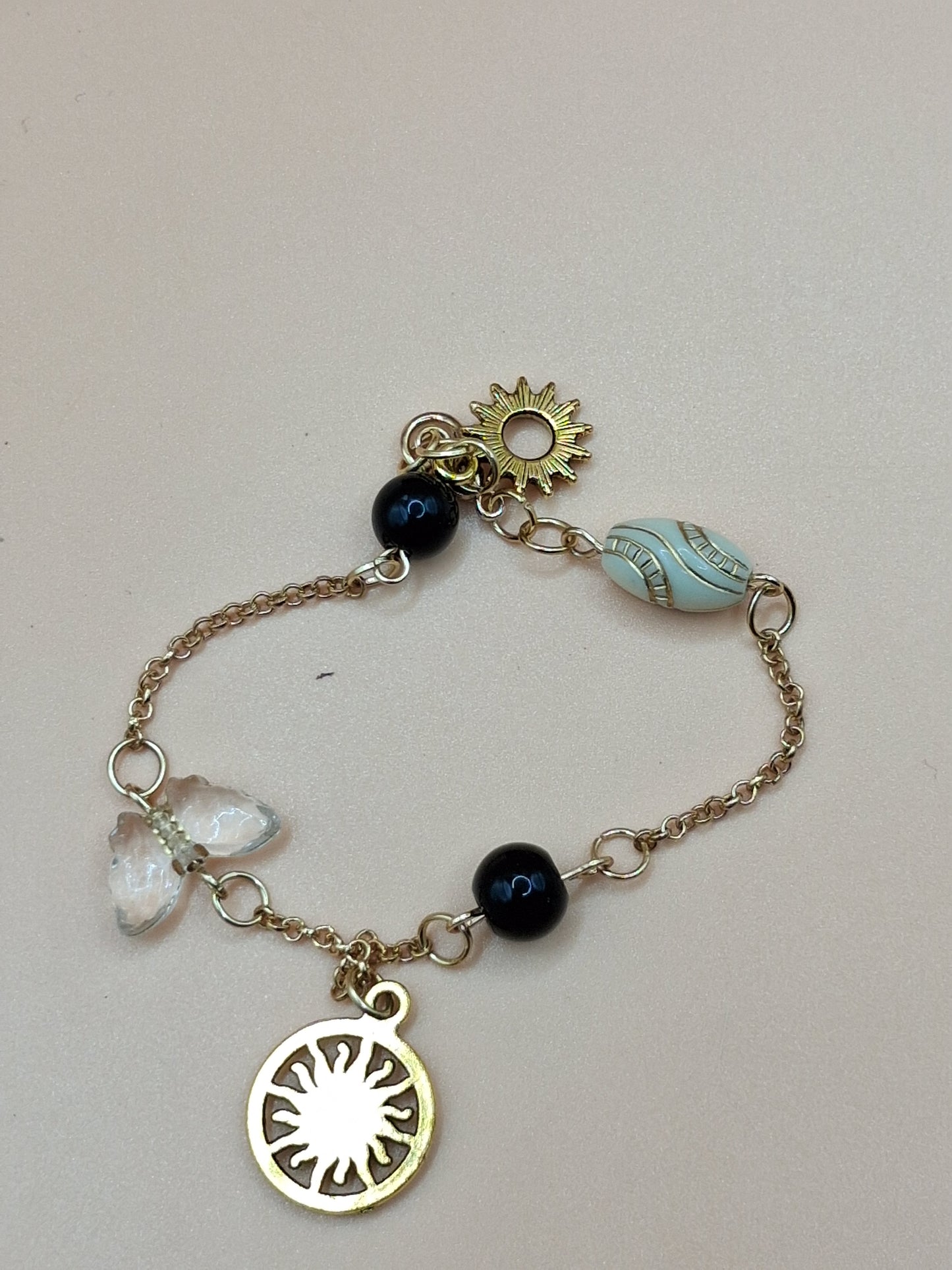Celestial Sun Charm Bracelet - Vintage Inspired with Black beads & Baroque Resin Beads