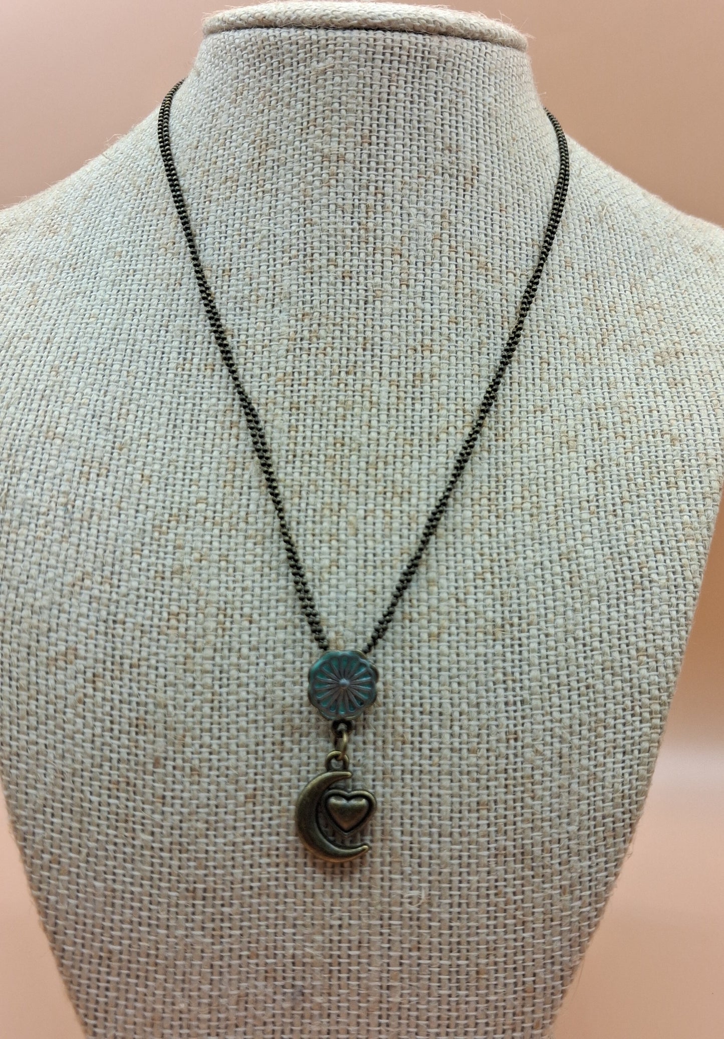 Celestial Moon & heart Necklace - Turquoise colour Flower Charm