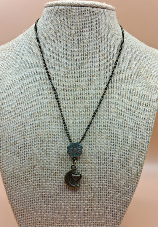 Celestial Moon & heart Necklace - Turquoise colour Flower Charm