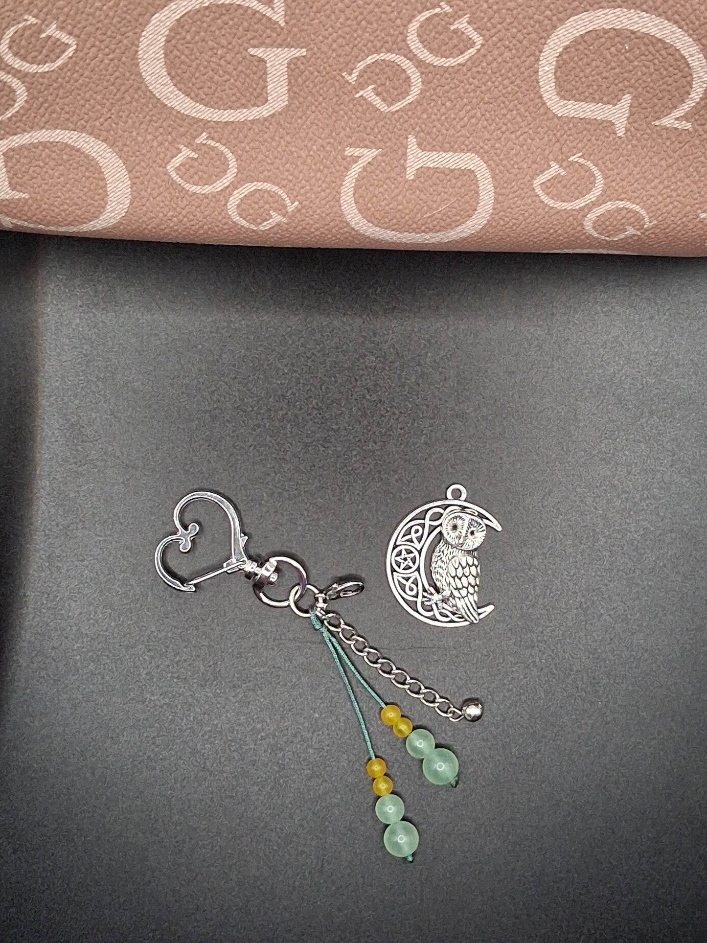 Celestial Owl Moon Keychain with Aventurine & Citrine Beads