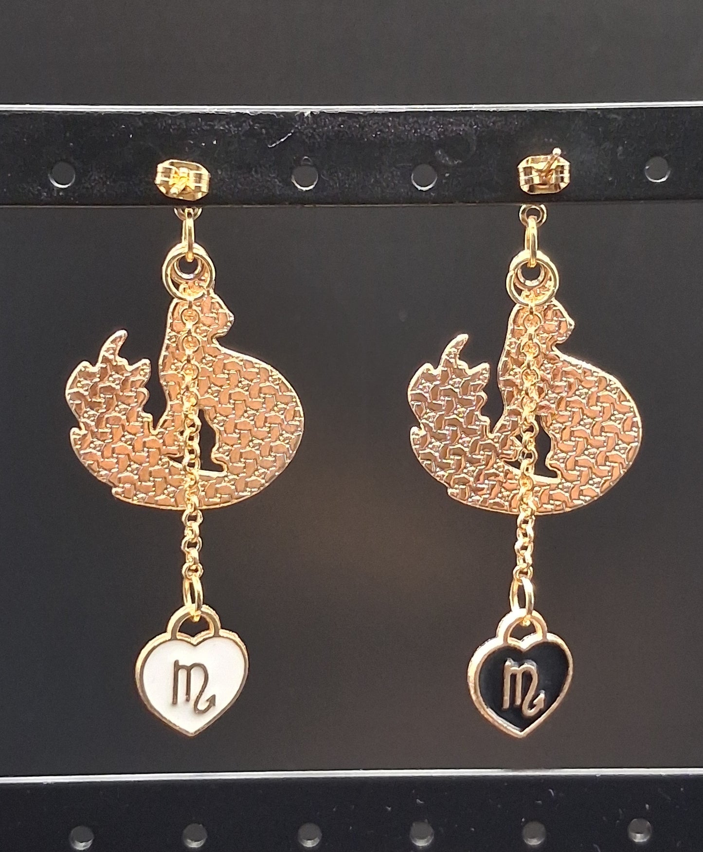 Celestial Cat & Zodiac Heart Earrings - Scorpio