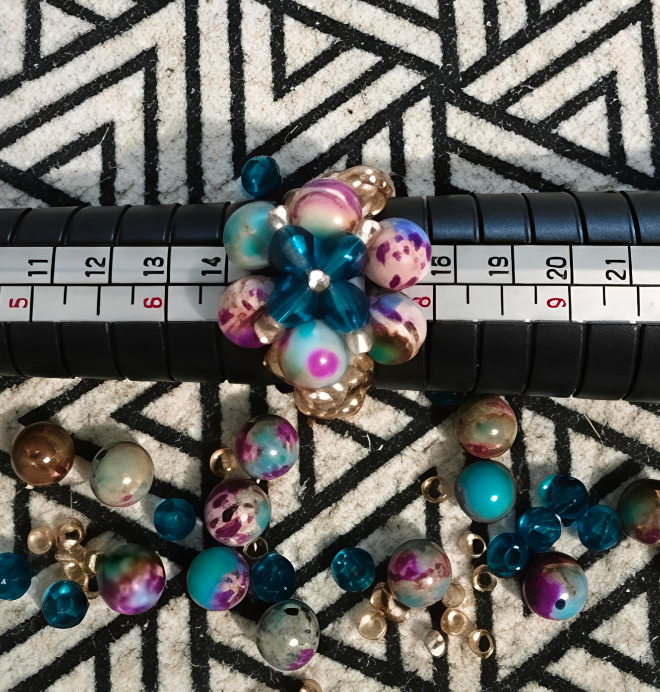 Ocean Jasper Beaded Flower Earrings & Ring Set - Gold Tone Sterling Silver