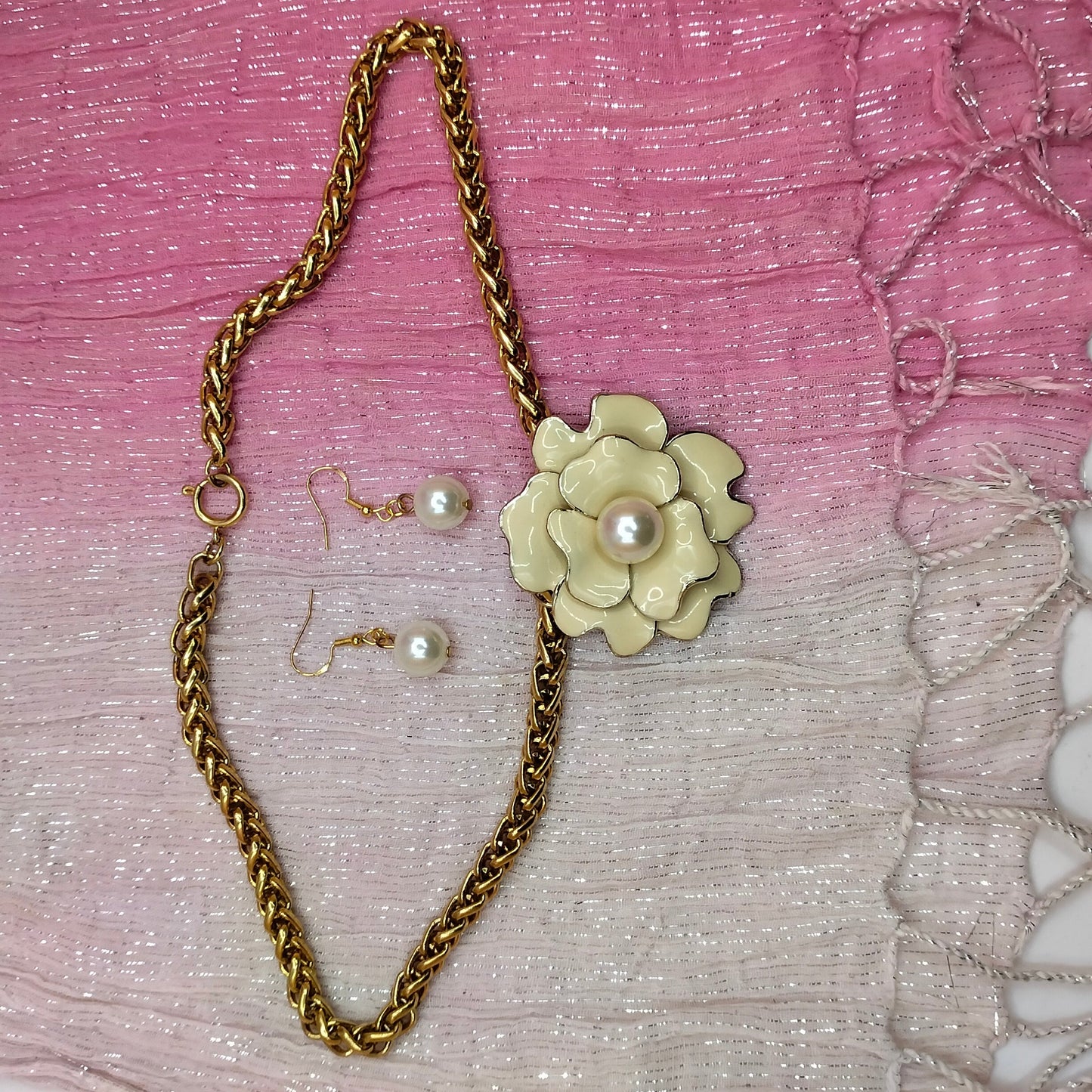 Pearl Blossom Statement Necklace & Earring Set