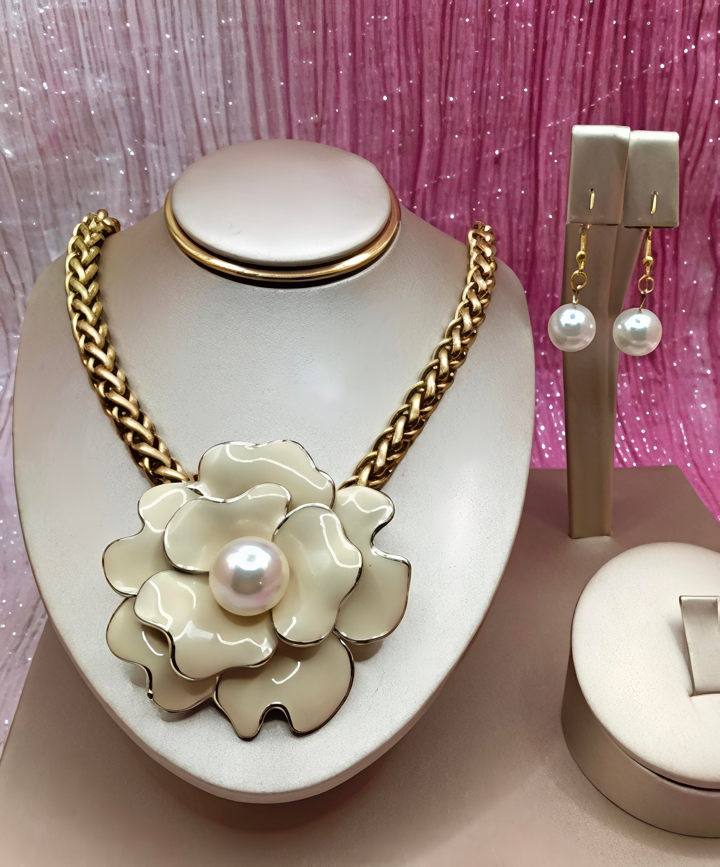 Pearl Blossom Statement Necklace & Earring Set