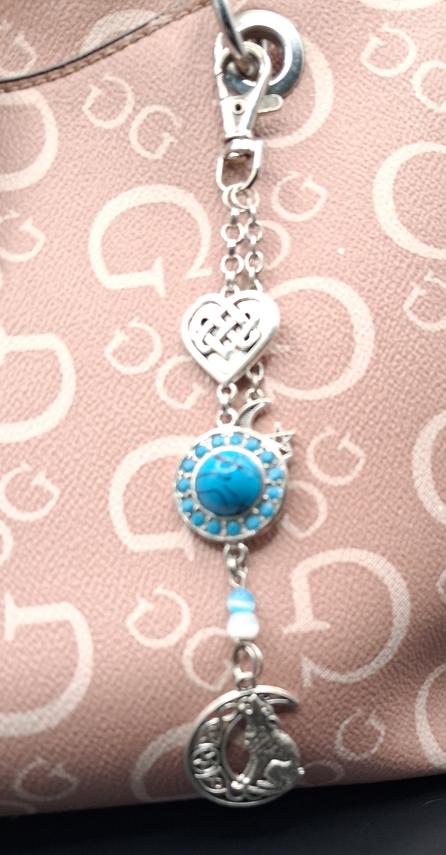 Celestial Wolf & Moon Keychain - Faux Turquoise Charm