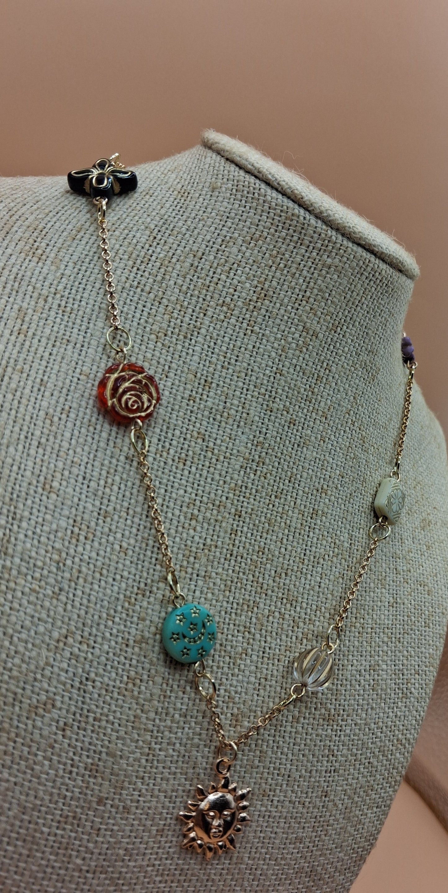 Vintage Baroque Charm Necklace - Celestial Sun & Floral Resin Beads