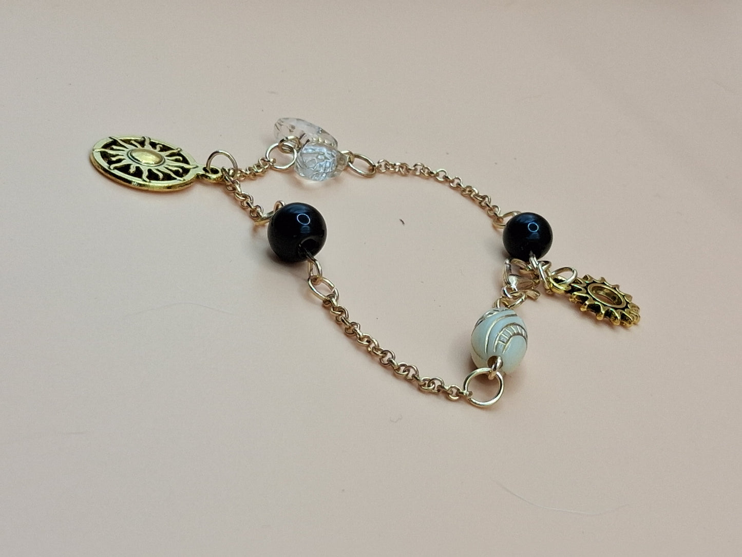 Celestial Sun Charm Bracelet - Vintage Inspired with Black beads & Baroque Resin Beads