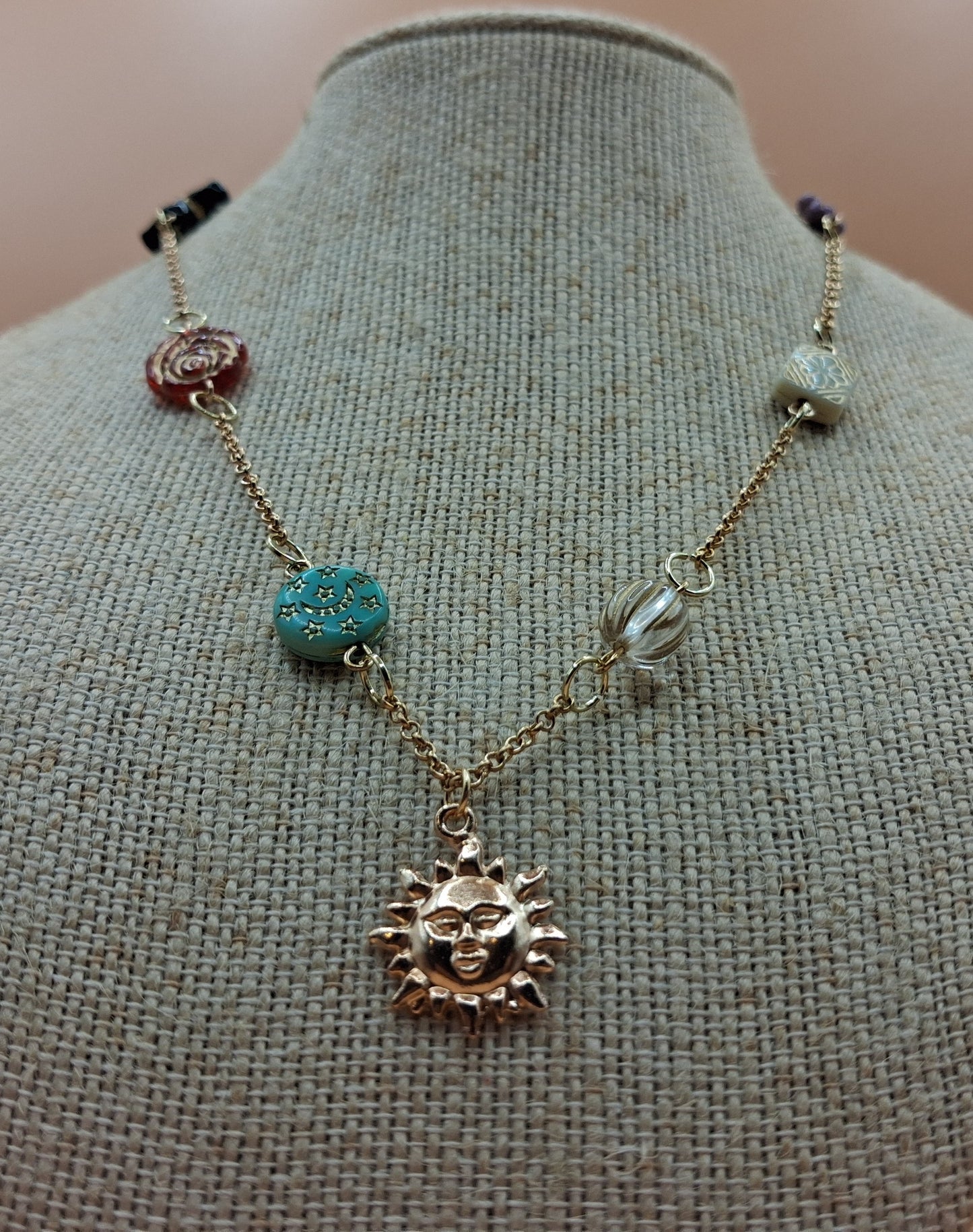 Vintage Baroque Charm Necklace - Celestial Sun & Floral Resin Beads